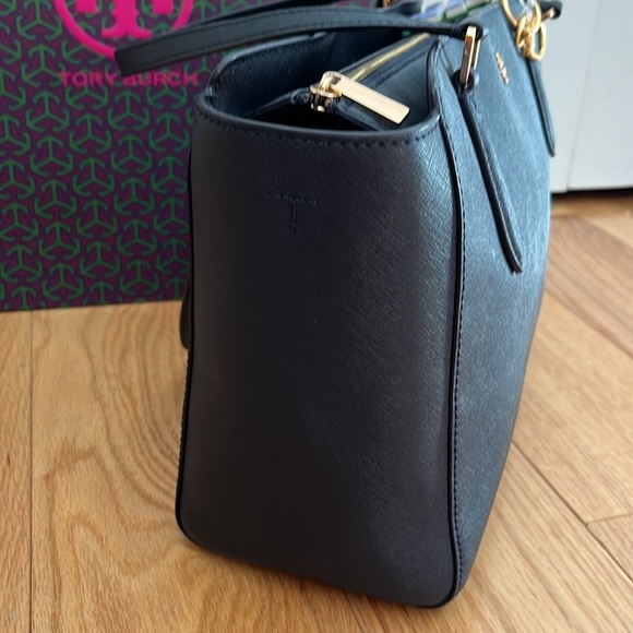 Tory Burch Navy Saffiano Leather Robinson Tote & silk floral bag charm. - Picture 10 of 15